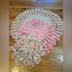 Pink And White Cottage Core Vintage Doily Lot Of 3 See Images For Measurements